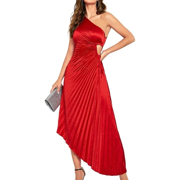 Kaei&Shi Satin Prom One Shoulder Cutout Asymmetrical Pleated Dress - Picture 2 of 8